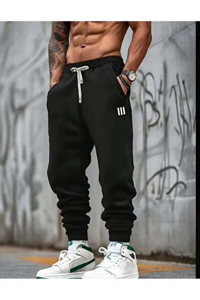 caddekombin Men's Vertical Three Mini Line Printed Jogger Comfort Fit Fit Black Sweatpants