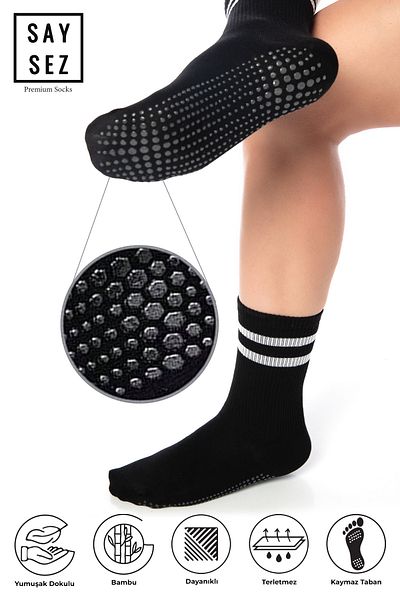 SAYSEZ Bamboo Women's Anti-Slip Sole Silicone Print Pilates Yoga Fitness Dance Activity Black Tennis Sock