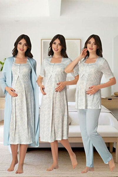 Effortt Hamile Lohusa  Zarif  Sabahlıklı Pijama Seti Primum 4 lü Lohusa seti