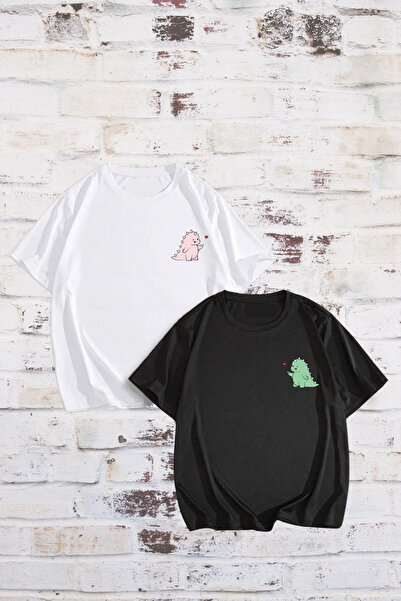 FECCY Tricou din bumbac cu imprimeu Dino, oversize, pentru cupluri