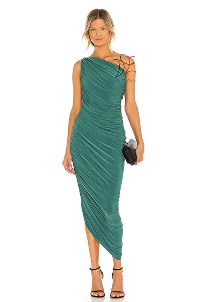 Genel Markalar Kadın Zümrüt Yeşili Drapeli Büzgülü Astarlı Midi Elbise