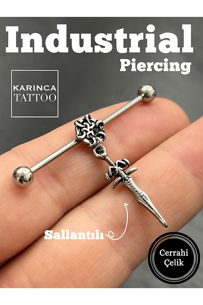 Karınca Piercing Gothic Dangle - Surgical Steel Industrial Bridge Piercing (Ant Tattoo)