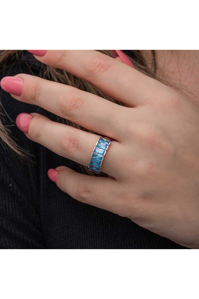 STİLLOVE Gümüş Rose Baget Aquamarine Taşlı Kadın Yüzük Sl6825