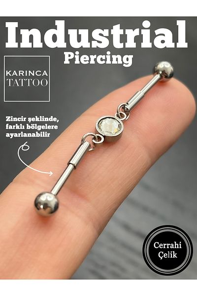Karınca Piercing Aesthetic Chain Ear - Industrial Piercing with Double Helix Stone Detail