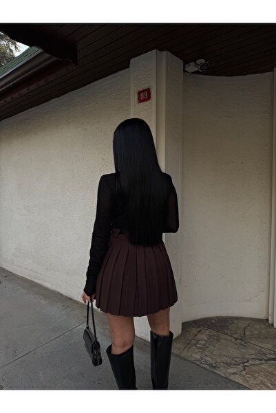 LB Laluna Butik Dámská hnědá skládaná sukně s vysokým pasem