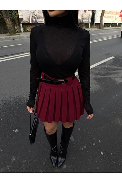 LB Laluna Butik Fusta de damă bordeaux cu talie înaltă plisată cu curea