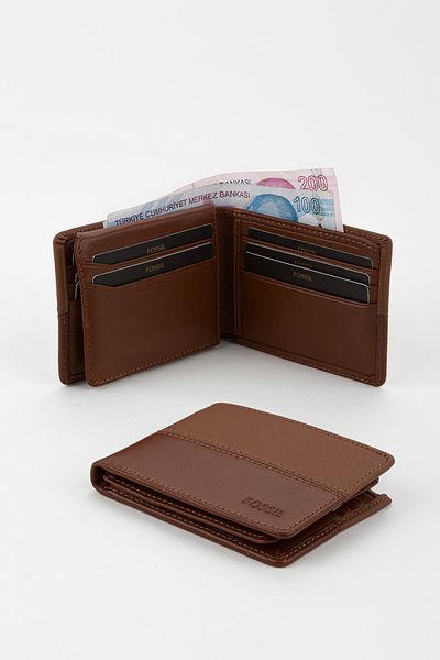 Fossil Boxed Genuine Leather Horizontal Stitched Tan Hand Portfolio Card Holder Wallet