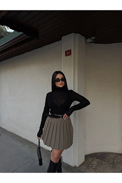 LB Laluna Butik Dámská khaki skládaná sukně s vysokým pasem