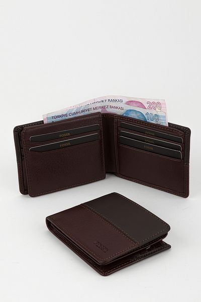 Fossil Boxed Genuine Leather Horizontal Stitched Brown Hand Portfolio Card Holder Wallet