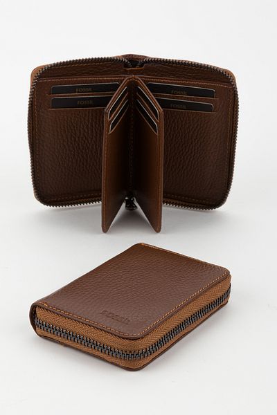 Fossil Boxed Genuine Leather Tan Zippered Hand Portfolio Card Holder Wallet