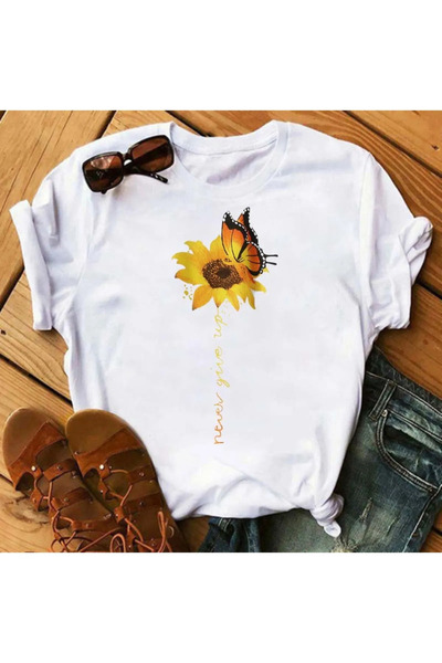 FECCY Tricou de damă din bumbac - Imprimeu confortabil Kawaii cu floarea-soar...