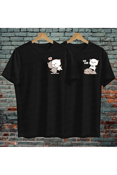 Wish BF تي شيرت Kawai Cats Lover Couple - طباعة باللونين الأبيض والأسود، رقبة...