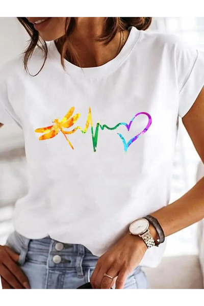 FECCY Tricou din bumbac pentru femei, cu imprimeu grafic cu fluturi și flori