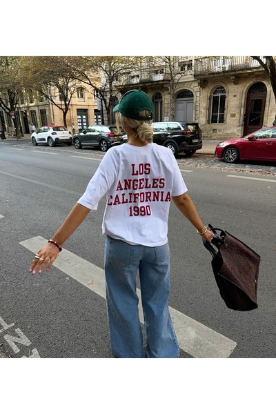 Jose Clothing Women's White Self Patterned Crew Neck Oversize Cut T-Shirt