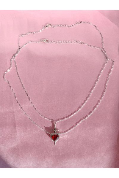 Luna Red Stone Heart Sword Couple Necklace