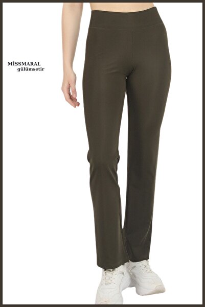 missmaral Women's Leggings Khaki Color High Waist Wide Leg Elastic Belt Full Length Diving Fabric105101