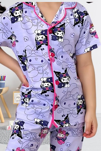 EQRU Kuromi Girl's Shirt Collar Buttoned Short Sleeve Lilac Pajamas Set