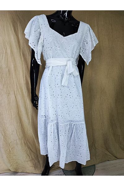 Sosyete Kaplumbağa Cotton Scallop V-Neck Bohemian Long Dress with Back Deep Cutout Belt