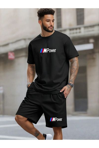DEEPSENCE طقم تي شيرت وشورت أسود للرجال - طقم POWER مكون من قطعتين