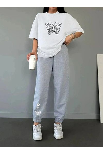 Pink Sky Tricou cu imprimeu fluture Set de jos și de sus