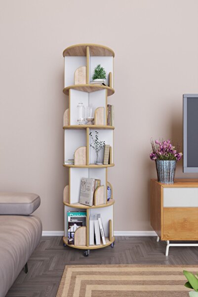 zeo wood design 360° Mdflam Dekoratif Döner Kitaplık- 5 Katlı/20 Raflı - Sono...