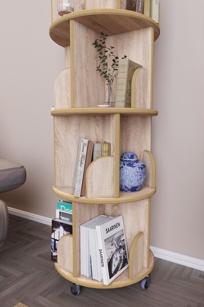 zeo wood design 360° Mdflam Dekoratif Döner Kitaplık- 5 Katlı/20 Raflı - Sonoma