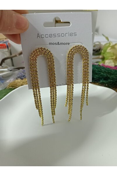 mos&more Gold Taşlı Sallantılı Uzun Kadın Abiye Küpe