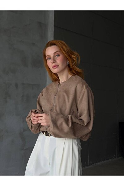 ŞEYDA BUTİK Bej Balon Kollu Süet Bomber Ceket