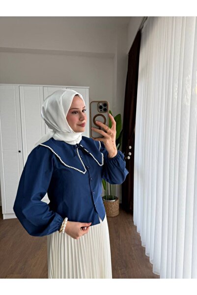 Miraydın Butik Kadın Etek Üstü Bebe Yaka İncili Lacivert Gömlek