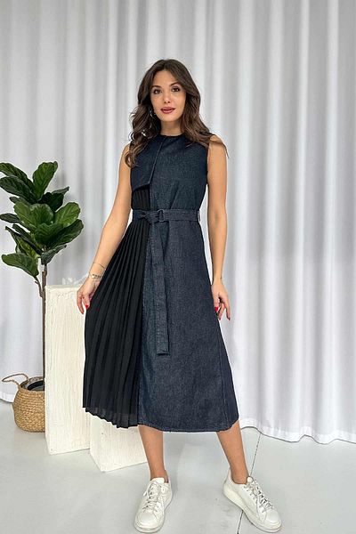Mine Tan Butik Women's Denim Dress with Pleated Garnish
