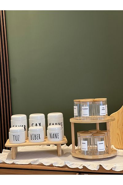 Sade Hediye 6-Piece Porcelain Colored Jar Set and 12 Glass Rotating Stands with Bamboo Lids