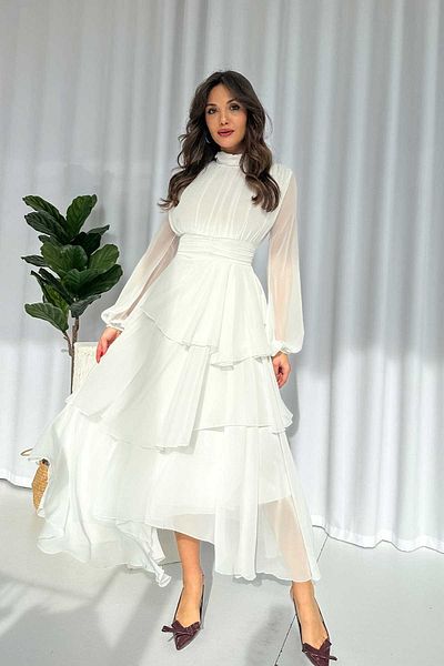 Mine Tan Butik Μακρύ Γυναικείο Φόρεμα με Σιφόν Φόδρα - Λευκό