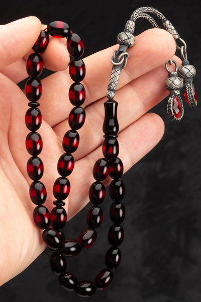 OTTOTESBİH Certified Silver Kazaz Tassel 8X12Mm Red Vernier Fire Amber Rosary
