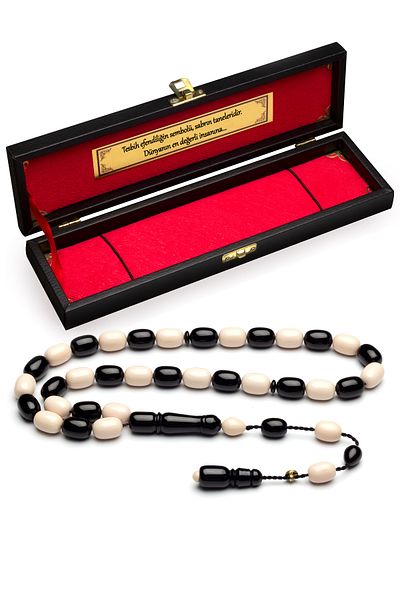 OTTOTESBİH Certified Black and White 8X11Mm Fire Amber Rosary
