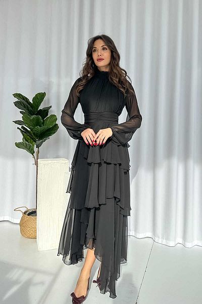 Mine Tan Butik Chiffon Lined Floor-Length Women's Dress - Black