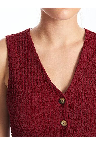 LC Waikiki Burgundy V-Neck Textured Women's Vest