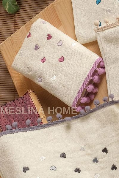 hasgül towel Set of 6 Embroidered Pompom Towels - 100% Cotton, 30x50 Cm
