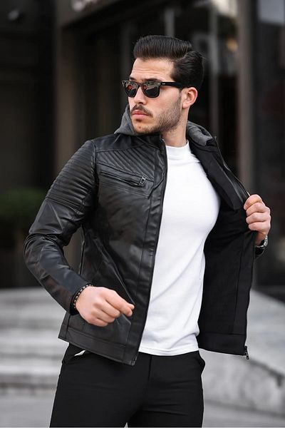 PRİFALDİ Ανδρικό μαύρο δερμάτινο παλτό με κουκούλα
