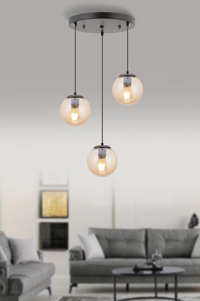 Semboldekor Black Triple Clamp Glass Pendant Chandelier (Honey Glass)