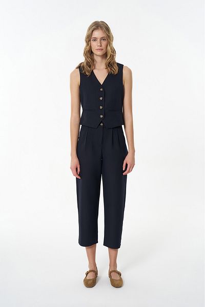 Quzu Navy Blue Double Pleated Jogger Pants