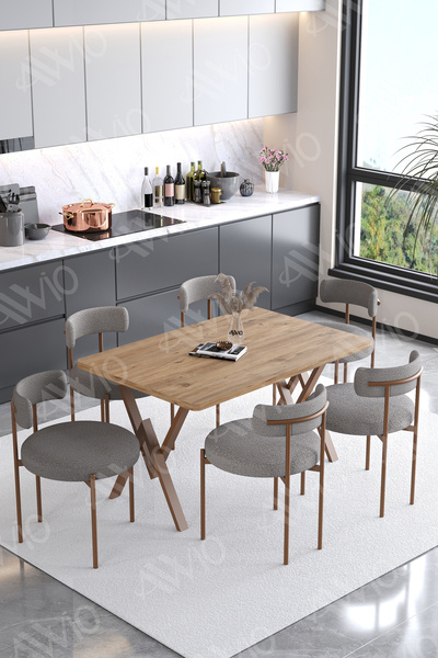 AVVİO LYON  Teddy Sandalye 80x140 Yemek Masası Mutfak Masası 6 Kişilik Masa S...