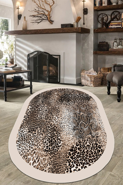 MUA HOME DECOR Oval Leopar Desen Dijital Baskı Yıkanabilir Kaymaz Taban Salon...