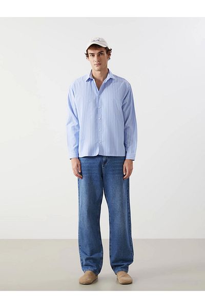 LC Waikiki Ανδρικό πουκάμισο Xside Blue Άνετο Μακρυμάνικο Ριγέ