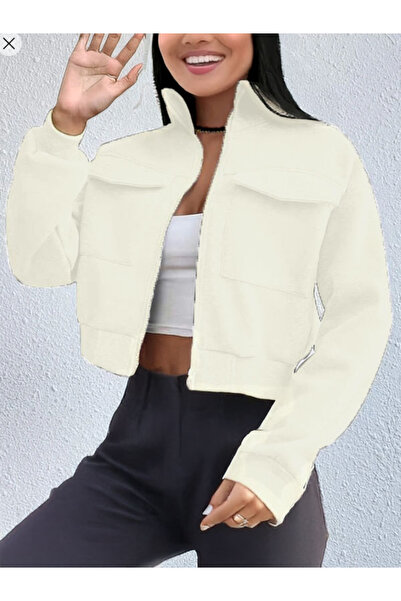 CİDAX KREM FERMUARLI CROP CEKET