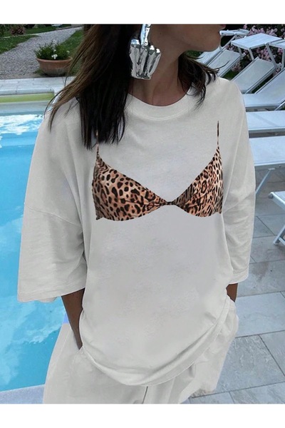 Jose Clothing Women's White Self Patterned Crew Neck Oversize Cut T-Shirt