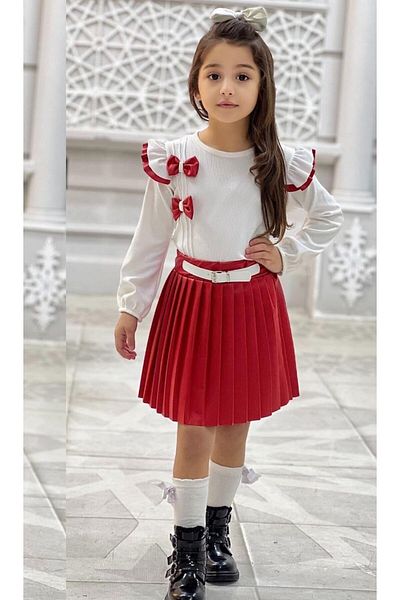 EFLİNS Girl's Dress Set - Red and White Double with Leather Skirt (Age 2-3-4-5)