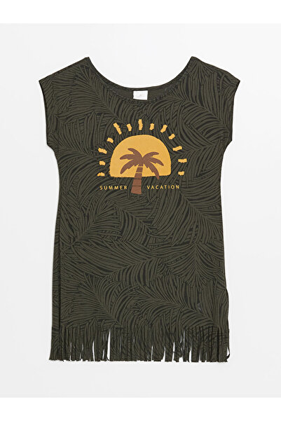 LC Waikiki Χακί φόρεμα παραλίας με λαιμόκοψη ποδηλάτου και μανίκια με τύπωμα ...