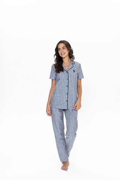U.S. Polo Assn. Set pijamale pentru femei, 100% bumbac, licențiat USPA - bleumarin, cu nasturi în față