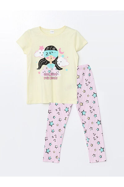 LC Waikiki Yellow Crew Neck Printed Short Sleeve Girls Pajamas Set