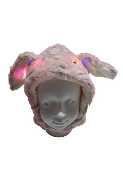1-6 Yaş Kız Bebe Pembe Renk Tavşan Kulak Figürlü Işıklı Peluş Şapka Bere